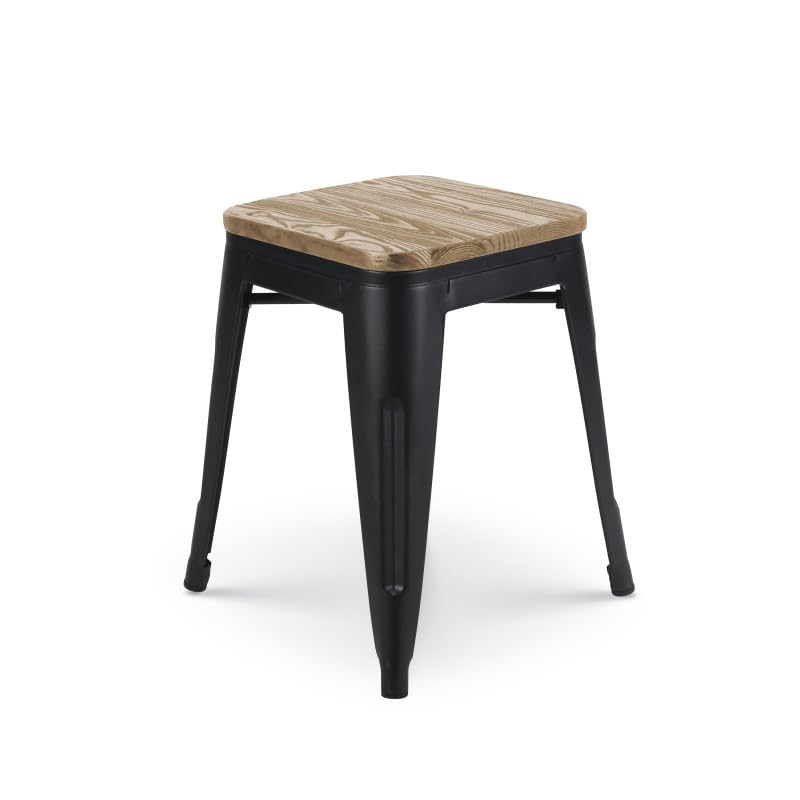 Kosmi Tabouret en métal Noir Mat Style Industriel et Assise en Bois Clair - sans Dossier - Hauteur 46 cm