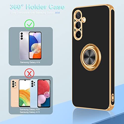 Fingic Samsung Galaxy A14 5G Case With Ring Stand,360°Rotatable Ring Holder Magnetic Kickstand Shiny Plating Gold Edge Slim Fit Soft Tpu Shockproof Protective Cover Case For Women Men Girls Boys,Black #TOP6