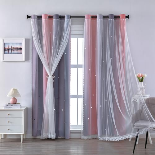 Image of XiDi Grey and Pink Curtains 96 Inches Long for Girls Bedroom 2 Panels Set, Blackout Rainbow Grommet Curtains for Kids Room Decor, Unicorn Wall Decals Drapes for Little Girl Nursery 34 Inches Wide