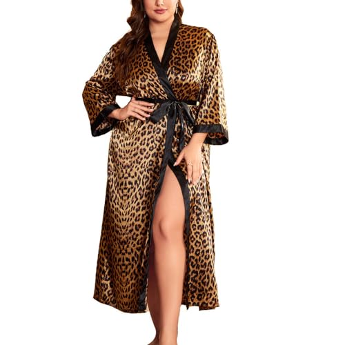 UYDJAKX Bata Tipo Kimono para Mujer Bata Larga con Estampado de Leopardo Cárdigan de Satén Sedoso Albornoz Ropa de Dormir Fresca de Verano Pijamas Suaves Y Cómodos para El Hogar,Leopardo Marrón,Xl