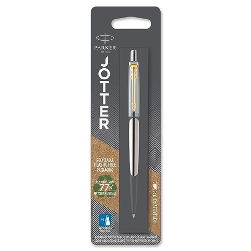 Parker Jotter Kugelschreiber | Edelstahl mit Goldzierteile | Mittlere Spitze | Blaue Tinte