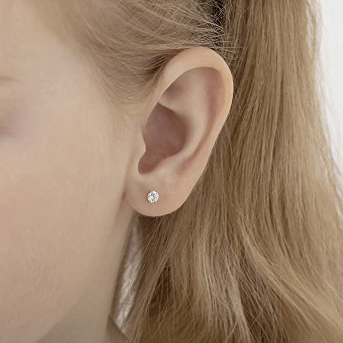 14k White Gold 4mm Baby Girl's Round Simulated Birthstone Prong Setting Screw Backs for Infants & Toddlers - Elegant Round Stud Cubic Zirconia Earrings For a Girls Birthday3
