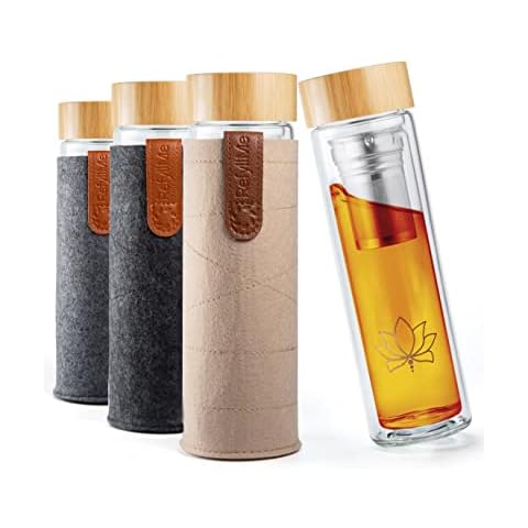 REFYLL Botella de Té de Cristal con Colador de Acero Inoxidable - 500 ml Tapa de Bambú Cover