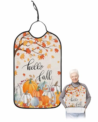 LEOKOTI Hello Fall Adult Bibs for Eating, Waterproof Bibs with Food Catcher & Adjustable Snap Closure, Pumpkins Autumn Botanical Thanksgiving Rustic Washable Clothing Protectors Adult Bibs for Elderly