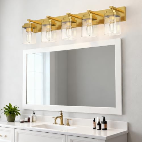 Image of Brushed Gold Bathroom Light Fixtures, 5 Lights Bathroom Lighting Fixtures Over Mirror, Square Design & Rectangle Large Backplate, Modern Vanity Lighting Fixtures, for Living Room /Bedroom