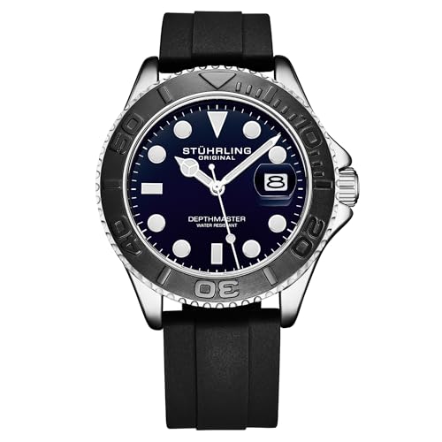 Stuhrling Original Depthmaster 4072   Reloj deportivo de buceo para hombre, 42 mm, movimiento de cuarzo, bisel giratorio, correa de silicona, Azul, Casual