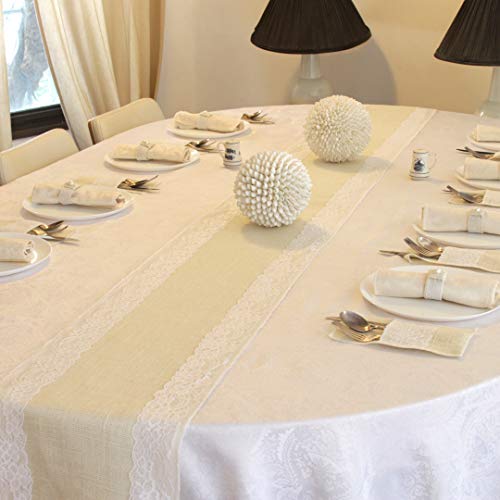 Betterline,Camino de mesa de arpillera con diseño rústico de encaje - 2.75 metros (275 cmx30 cm) - Incluye juego de 8 servilleteros y 2 lazos - ideal para bodas rústicas,White, 2.75 Metres Cover