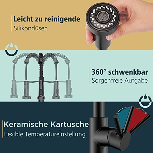 FORIOUS Wasserhahn Küche, Hoher Bogen Hochdruck Küchenarmatur mit Herunterziehen Brause Armatur, Mischbatterie Spültischarmatur Küchenarmaturen, 360° Schwenkbar Zwei Sprühfunktionen, Schwarz