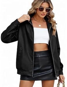 RITIOSA Lederjacke Damen Mode Kunstlederjacke Lässige Übergangsjacke Herbst Frühjahr Motorradjacke Bomberjacke Moto Biker Jacke Kurze Mantel mit Reißverschluss für Freizeit Outdoor(Schwarz, L)