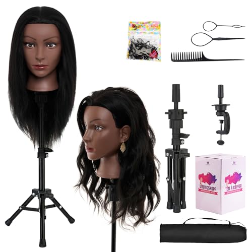 20-22 Inch Mannequin Head Human Hair with Stand,100% Real Human Hair Mannequin Head for Braiding,Cosmetology Manikin Doll Head for Styling with Table Clamp Hair Braiding Set(Brown)