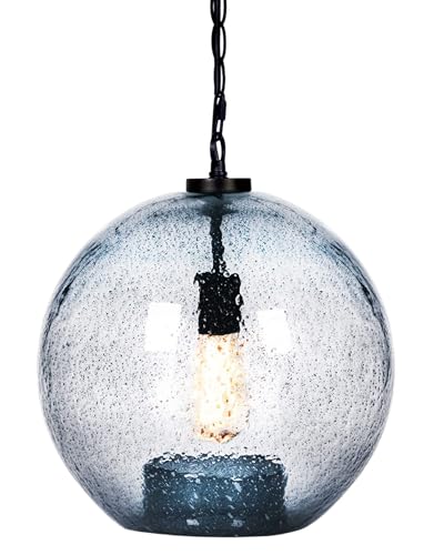 CASAMOTION Farmhouse Pendant Lighting Hand Blown Blue Glass Pendant Lights Kitchen Island Dining Room Table Entryway Black Ceiling Hanging Light Fixtures Large Globe Shade 15.6 Inch H
