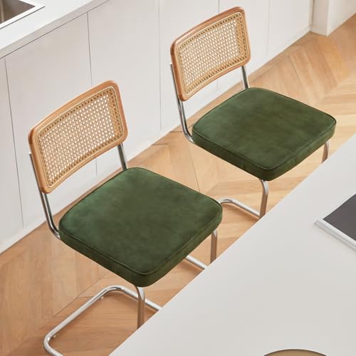 Image of GrandNoor Natural Rattan Bar Stools Set of 2 with Solid Wood Back, 24 Inch Mid Century Modern Counter Height Stools, Green Upholstery Boho Stool for Kitchen Counter with Chrome Metal Legs