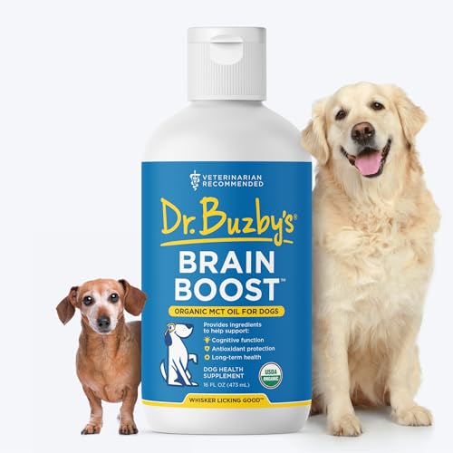 Dr. Buzby’s Brain Boost Organic MCT Oil for Dogs, 16 Oz Human Grade MCTs C8, C10, Senior Dog Dementia, Made from Pure Organic Coconut Oil, Medium Chain Triglyceride Liquid Dog Supplement