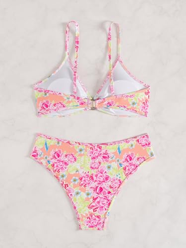 Image of Fanuerg Women's Triangle Bikini Sets O Ring Linked Two Piece Swimsuits Floral Printed Cheeky Bathing Suit