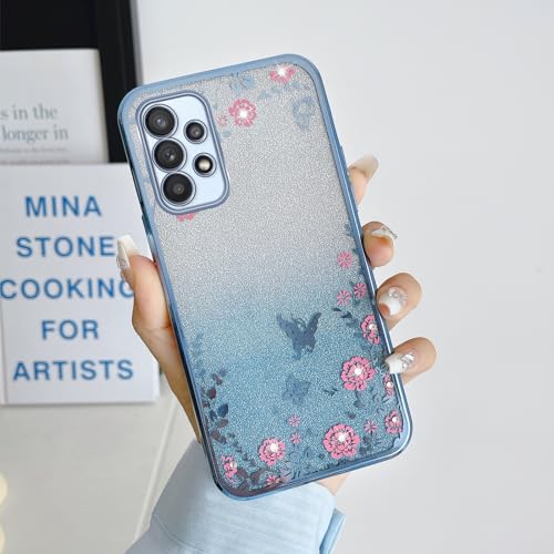 Image of for Galaxy A23 5G Case,for Samsung A23 5G Case (Not for A23 5G UW) Women Gradual Change Glitter Crystal TPU Stylish Butterfly Floral Heart Clear Protective Cover with Strap for A23 5g Blue