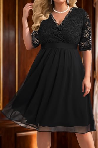 Image of Pinup Fashion Plus Size Lace Chiffon Wrap V Neck Dresses Women Cocktail Wedding Guest Midi Dress