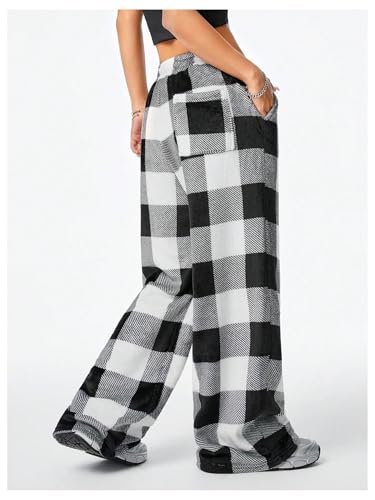 Women's Y2k Plaid Elastic Waist Pants Gingham Straight Wide Leg Long Trousers Lounge Trousers with Pockets2