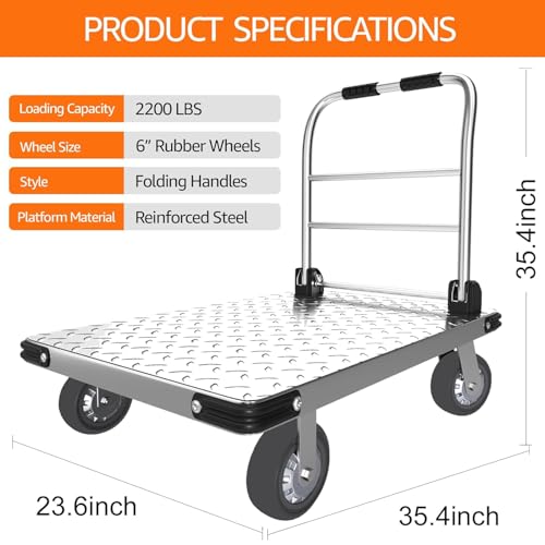 2200 lbs. Capacity Foldable Push Cart Dolly | Moving Platform Hand Truck | Heavy Duty Space Saving Collapsible | Swivel Flat Bed Wagon - Furniture Luggage Lifting - Thumbnail 2