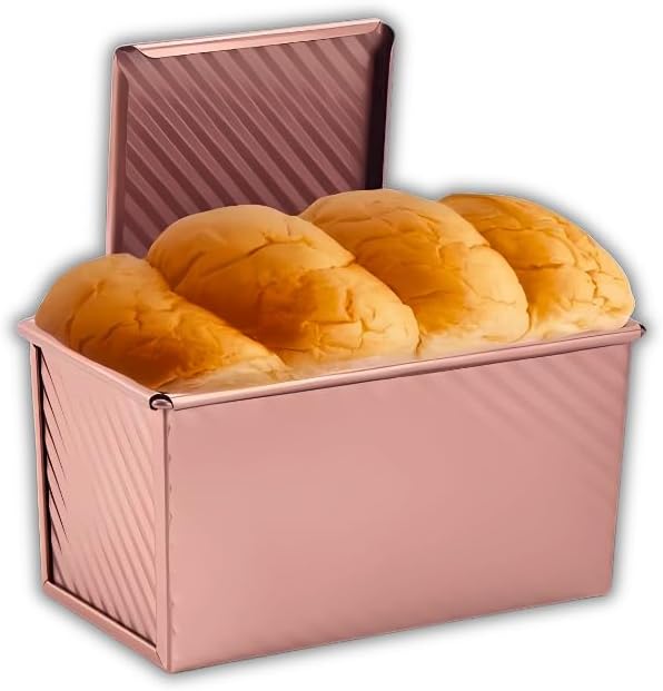 Pullman Loaf Pan with Lid, 1 lb Dough Capacity Non-Stick Bread Pan for Baking Bread, Carbon Steel Corrugated Bread Toast Box Mold with Cover for Baking Bread, Gold