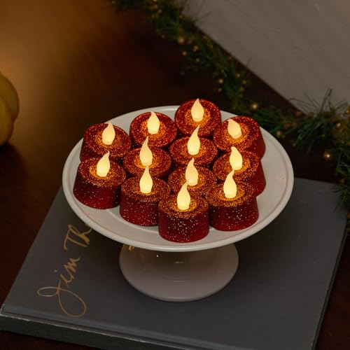 Image of FURORA LIGHTING Red Glitter Flameless Tealights - 1.45 inch W x 1.57 inch H, 12-Pack, Batteries Included