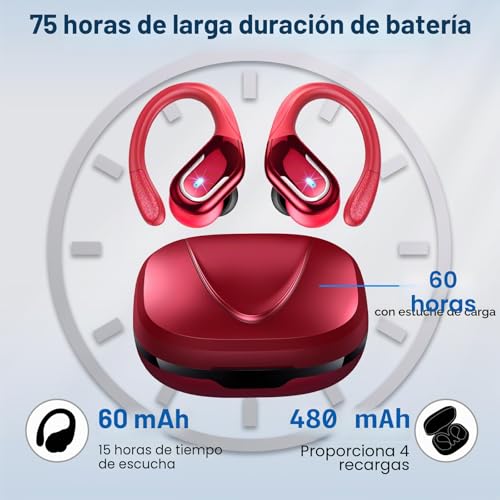 Miniatura 3 de Ltinist Auriculares Inalambricos Deportivos, Auriculares Bluetooth 5.3 Con Gancho, 75h De Reproducción, Llamada Clara Cvc8.0 Con Micrófonos, Ip7 Impermeable Cascos Inalambricos Pantalla Led, Rojo
