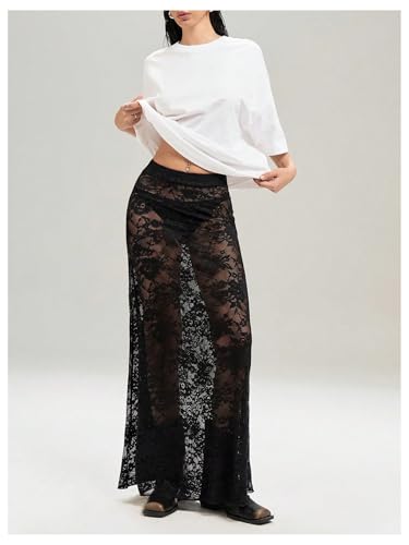 GORGLITTER Women's Lace Goth Bodycon Maxi Skirts Y2K High Waisted Sheer See Through Gothic Long Skirts4