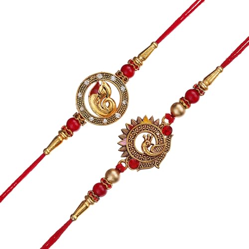 Image of eCraftIndia Multicolor Kundan Designer Rakhis for Brother and Bhabhi | Bhaiya Bhabhi Rakhi Set of 2