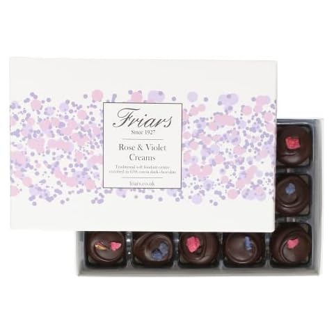 Friars Chocolate Rose & Violet Creams - 15 Per Box | Smooth & Soft Fondant & Quality 65% Dark Cocoa | Premium Chocolates for Special Occasions & Gifts | Handmade in England | Suitable for Vegetarians Cover