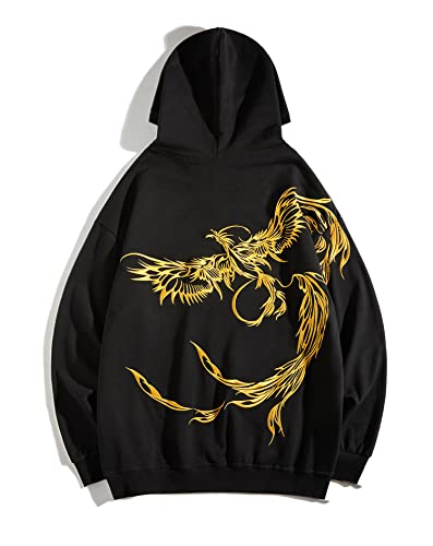 Niepce Inc Japanese Streetwear Flying Phoenix Embroidered Hoodie For Men (As1, Alpha, L, Regular, Regular, Standard, Black1) #TOP5