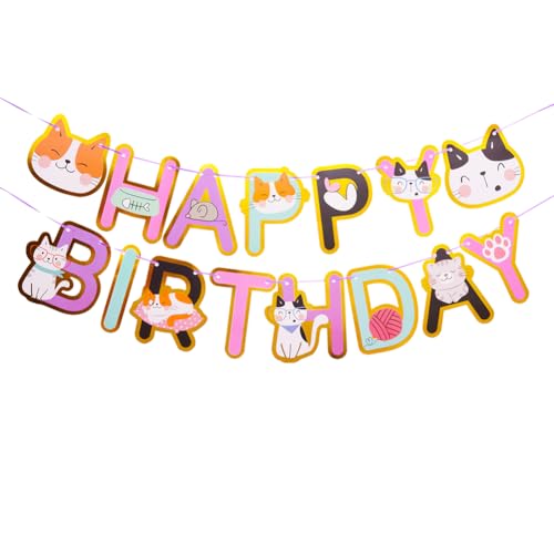 Cat Birthday Banner for Boys Girls Kids, Kitty Cat Happy Birthday Bunting Garland Banner for Cat Theme Birthday Party Hanging Wall Decorations