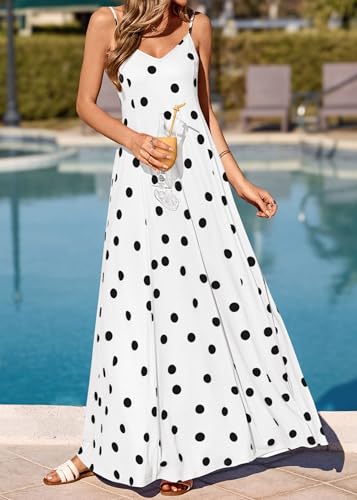 Image of KIRUNDO Womens Polka Dot Spaghetti Strap Flowy Maxi Dress | Sleeveless V Neck Boho Long Dresses, 2026 Summer Beach Vacation Cruise Outfits, A-Line Backless Sundress With Pockets