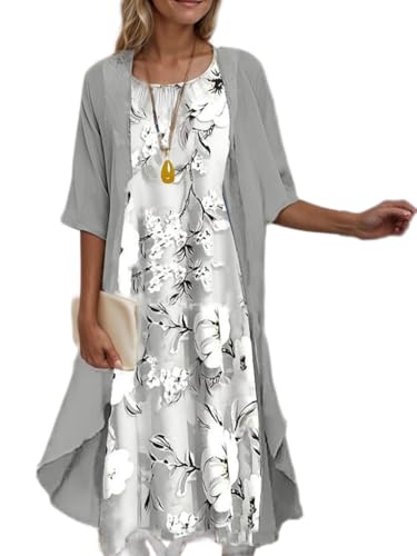 Women's Summer Two-Piece Set Wedding Guest Formal Cocktail Dress with Jacket Elegant Casual Boho Floral Midi Dress