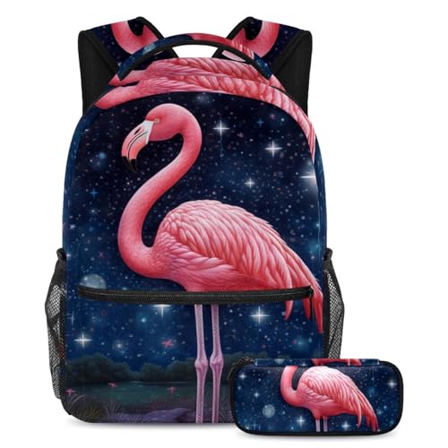 Sac à dos flamant rose ergonomique grand volume et sa trousse d'école