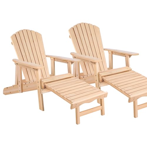 ALFORDSON 2pcs Wooden Muskoka Adirondack Chair for Outdoor, Fir Wood Lawn Furniture Seater for Patio Garden Park Porch, Slatted Beach Armchair Lounge with Footrest Ottoman, 180kg Max, Wood
