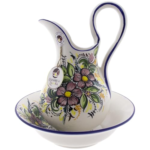 CERÁMICA ESPAÑA | Lavabo | Jarra y Palangana | Palancana | Jarra | Palangana antigua | Juego lavabo - Modelo D02 | Decoración 100% hecho a mano | 29x29x34 cm
