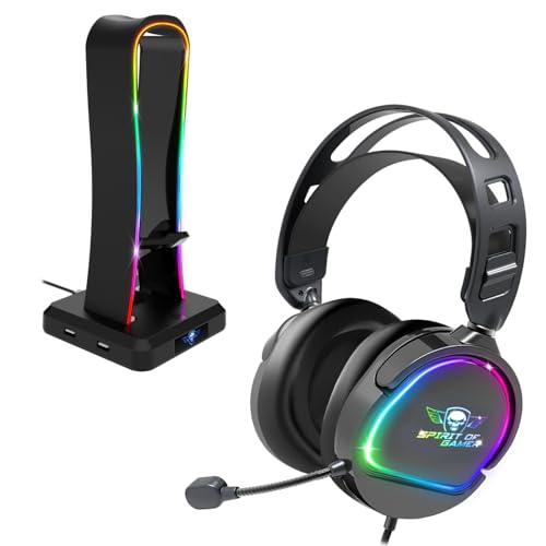 Spirit Of Gamer, Pack Casque + Support RGB, Casque Gaming Noir Filaire RGB avec Micro, Compatible PS5, PS4, Xbox, Switch & PC, Porte Casque Gaming Multifonction 11 Effets Lumineux