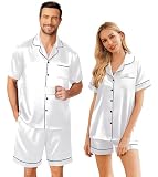 Ekouaer Satin Matching Pajamas Sets Couple Silk Button Down Sleepwear Women & Men Short Sleeve Pjs Lounge Set White,M