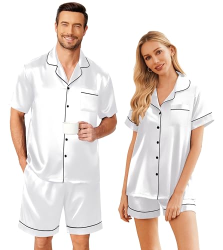 Image of Ekouaer Couple Matching Pajamas Sets Silk Short Sleeve Button Down Sleepwear Satin Pjs Shorts Set Soft Loungewear S-XXL