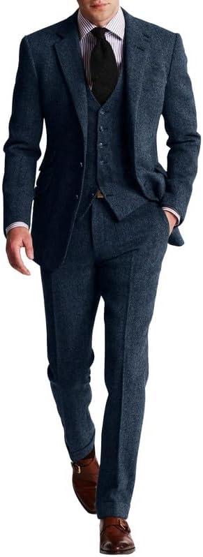 Vintage Tweed Herringbone Suit for Men 3 Piece Formal Wool Suit Jacket Vest Pants Set for Wedding Prom