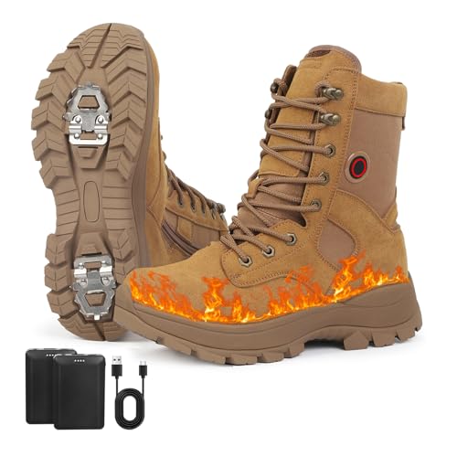 Snow Boots with Heating Function, Heated Shoes, Warmer Heated Boots, with 5000mAh Rechargeable Battery, Anti Skid Shoes with Steel Spikes, Waterproof Leather Surface, Fuzz Lining