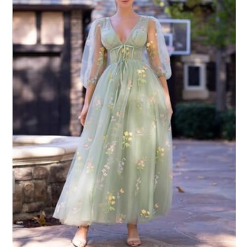 Image of Women's Puffy Sleeve Prom Dresses Fair Flower Embroidery Tulle Green Formal Evening Party Gowns