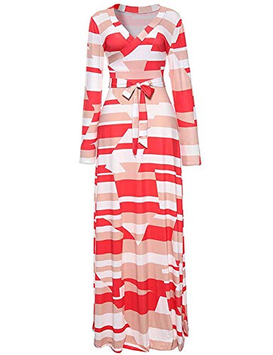 Locryz Women's V Neck 3/4 Sleeve Digital Floral Printed Party Loose Long Maxi Dress with Belt S-3XL (XXXL, Orange Red)