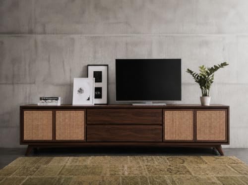 Image of Space Galaxy Solid Sheesham Wood Rattan TV Unit for Living Room | Cane Entertainment TV Stand with 4 Door Cabinet & 2 Drawers Storage |TV Cabinet Furniture for Home Walnut Finish (Size:-80x15x24 inch)