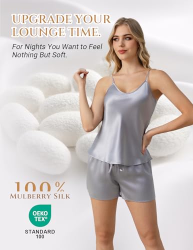 Image of THXSILK 100% Mulberry Silk Women Cami Pajama Set, Tank Top with Shorts Sleepwear, Adjustable Spaghetti Straps, Luxury Pj Set