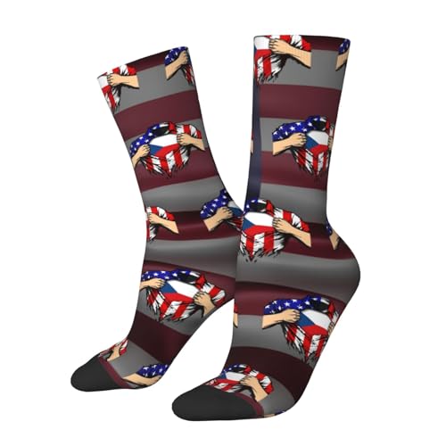 USA & Czech Republic Flag Chest America Adult Polyester Crew Socks Breathable Moisture-Wicking Athletic Running Gym22