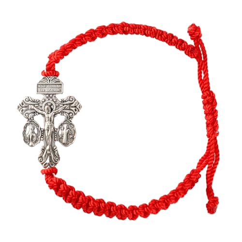 Pardon Crucifix Religious Bracelet for Women Men,St Benedict Bracelet,Milagrosa Medal Bracelets,La Cruz Del Perdon Catolica,Crucifijo Del Perdon,Crucifijos Catolicos,Medalla De San Benito Bracelets(Red)