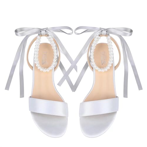 Image of Satin Wedding Flats for Bride Pearl Sandals Open Toe Bridal Shoes Flat Wedding Shoes for Bride