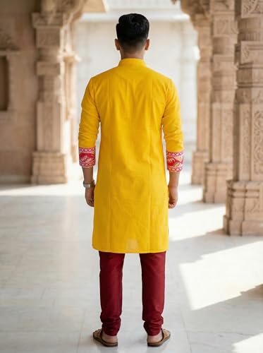 Image of Men's Jamdani Printed Kurta Pajama Set | Pure Cotton Ethnic Kurta with Mandarin Collar & Dupion Silk Pyjama | Festive & Weddings 303A12A 303SB12B(M XXL)