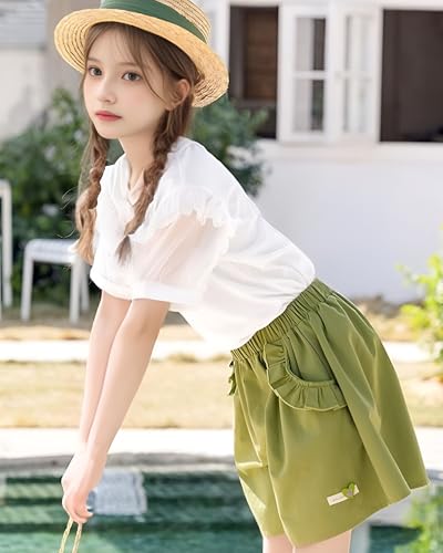 Image of Girls Summer 2 Piece Outfits Big Kids Ruffle Short Sleeve Cute Shorts Sets T Shirts and Shorts Clothing Sets 5-16Y