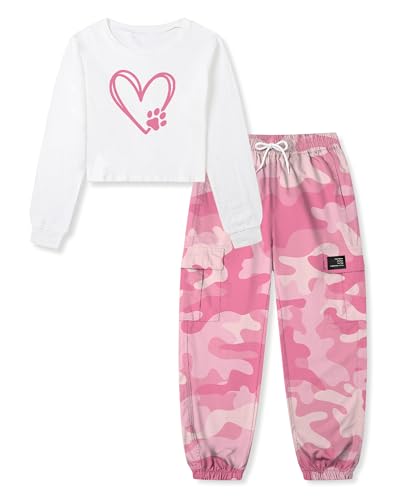 Image of Betusline Girls Fall Winter Clothing Sets, Long Sleeve Crop Top & Cargo Jogger Pants 2 Piece Outfit Sets,4T-14Y